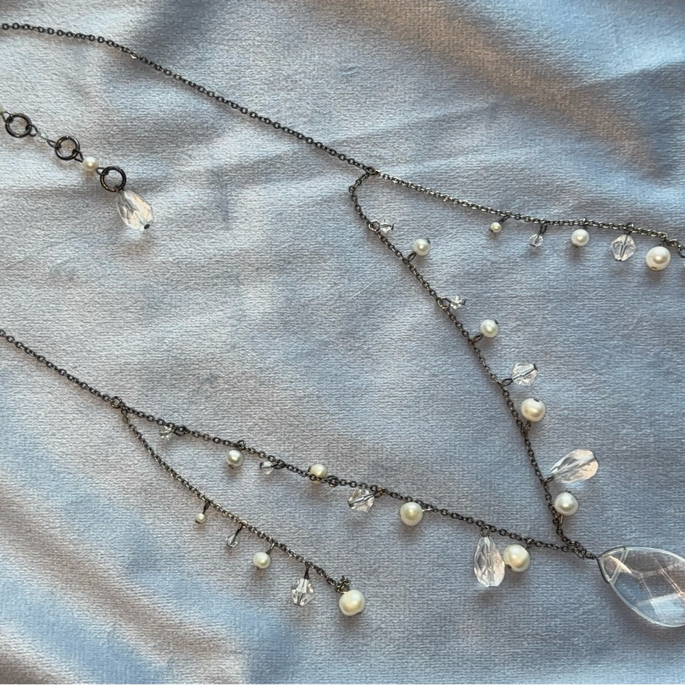 Delicate Pearl & Crystal Layered Necklace - Gunmetal